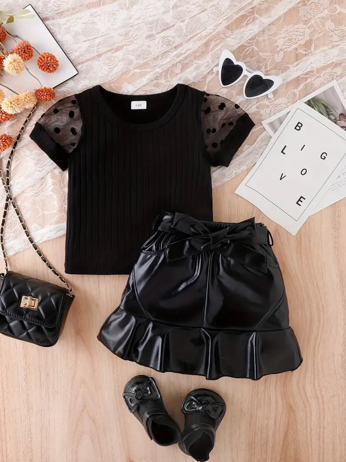 Polka Dot Print Splicing Mesh Sleeve Blouse + Faux Leather Ruffle Hem Skirt Set, For Girls