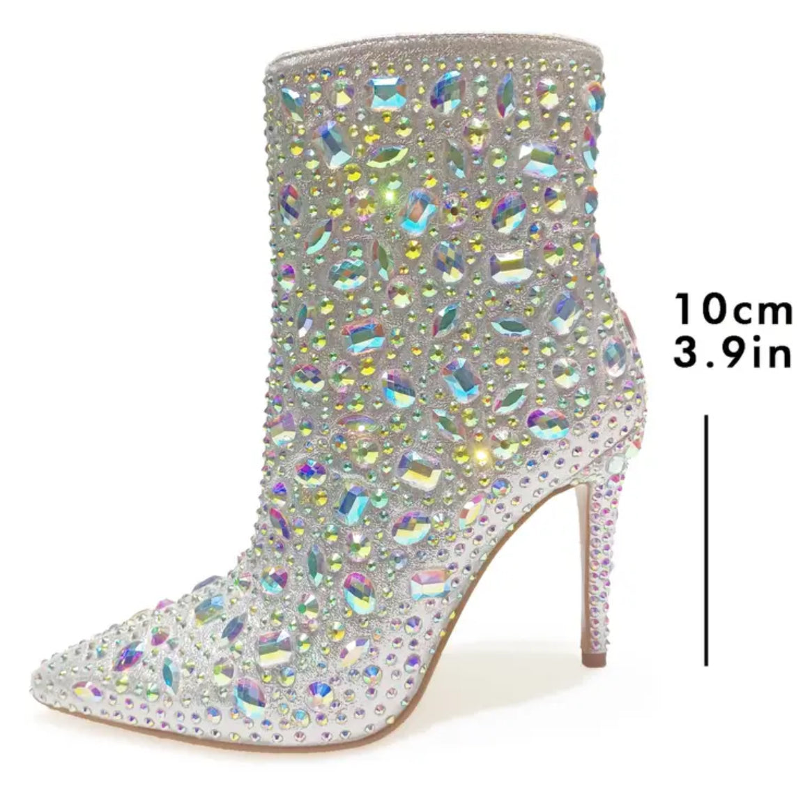 “Silvery Sparkling Rhinestone” Embellished Bootie - Mid High Heel, AB Rhinestones, Luxurious Design, Elegant Style