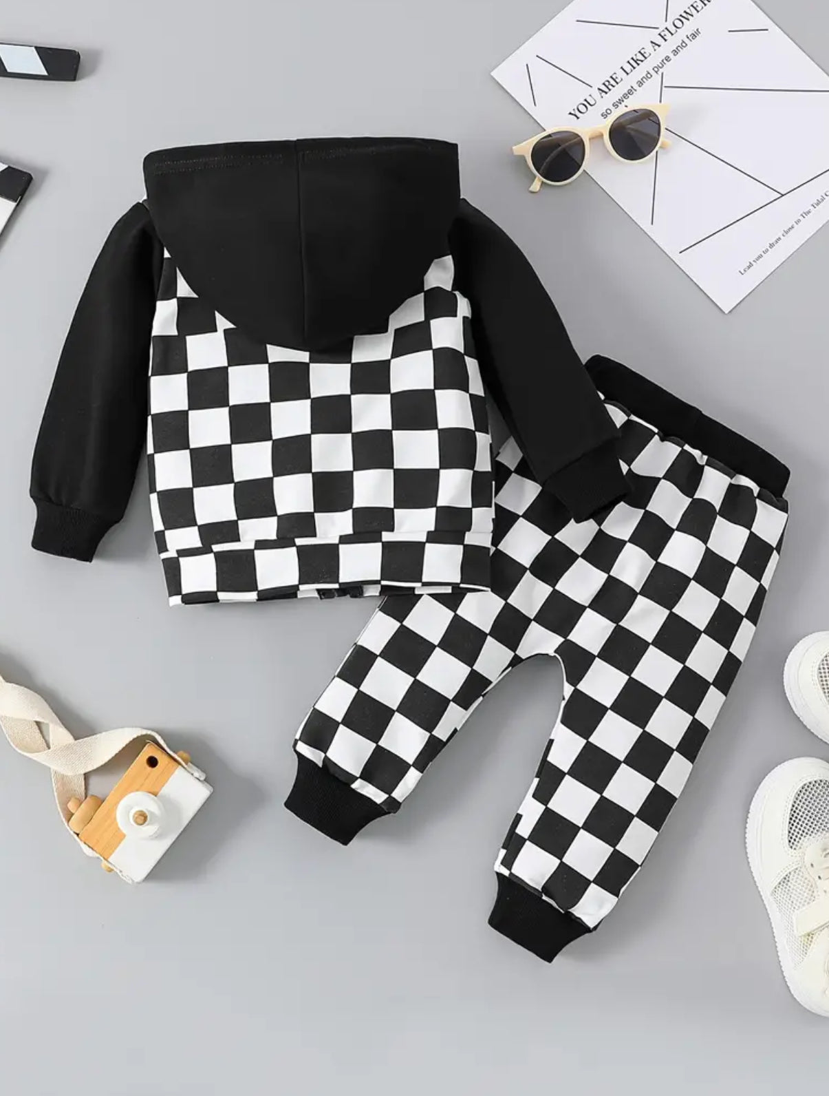 “Rocky” Checkerboard, Zip Up Sweatshirt Top / Pants, 2pcs Outfit Toddler