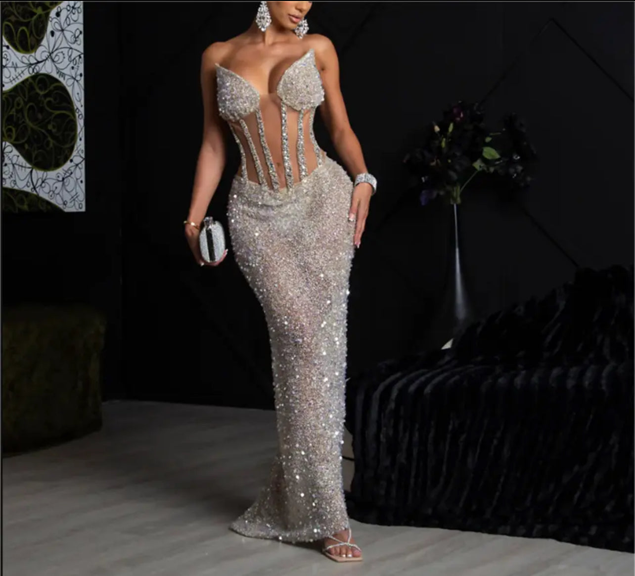“Luxury” Diamond Ball Dress, Beaded Open Waist Illusion Sheer ( This Item/Purchase is Non-Refundable)