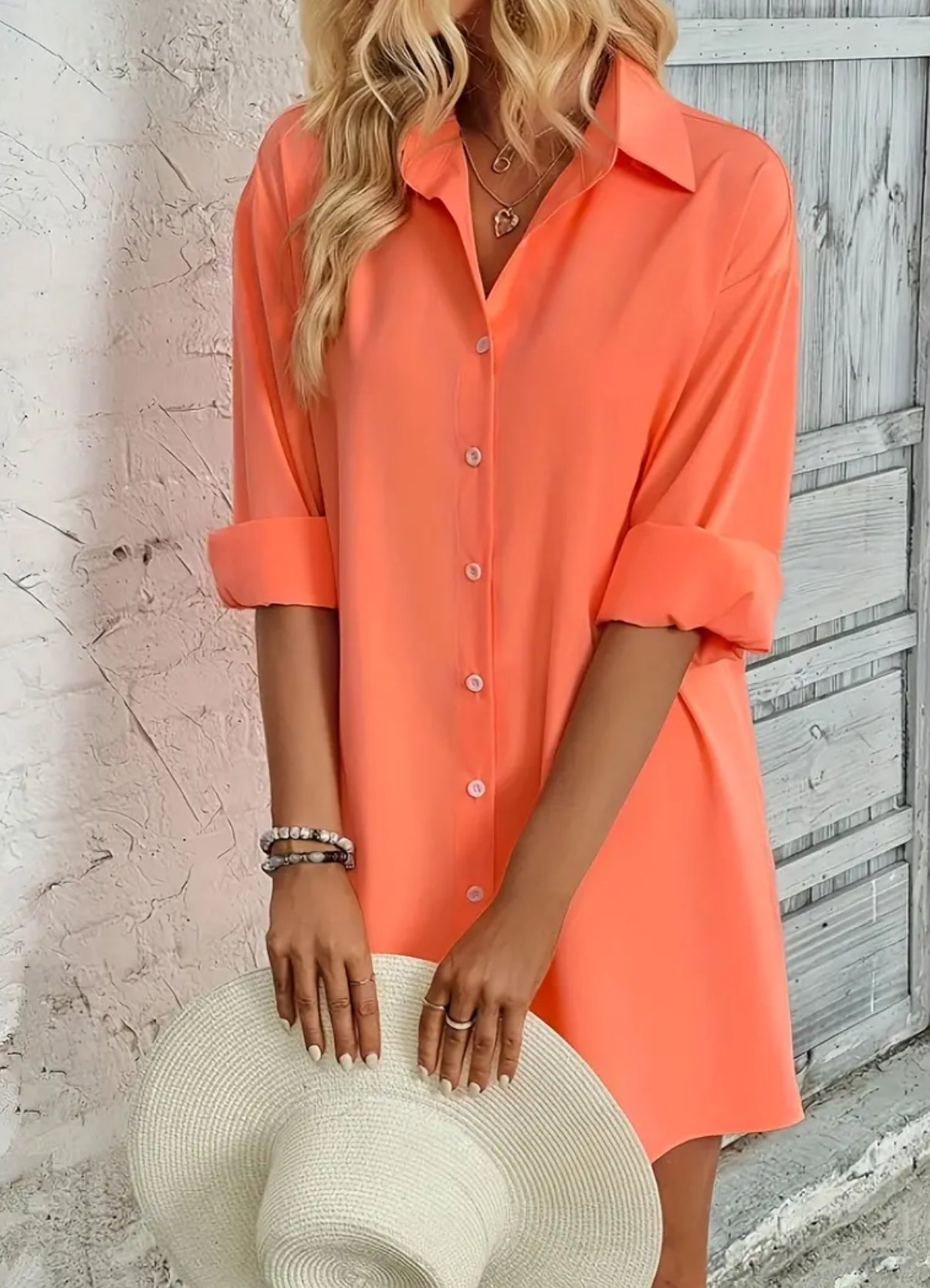 Tangerine 🍊 Solid Button Front Long Sleeve Blouse