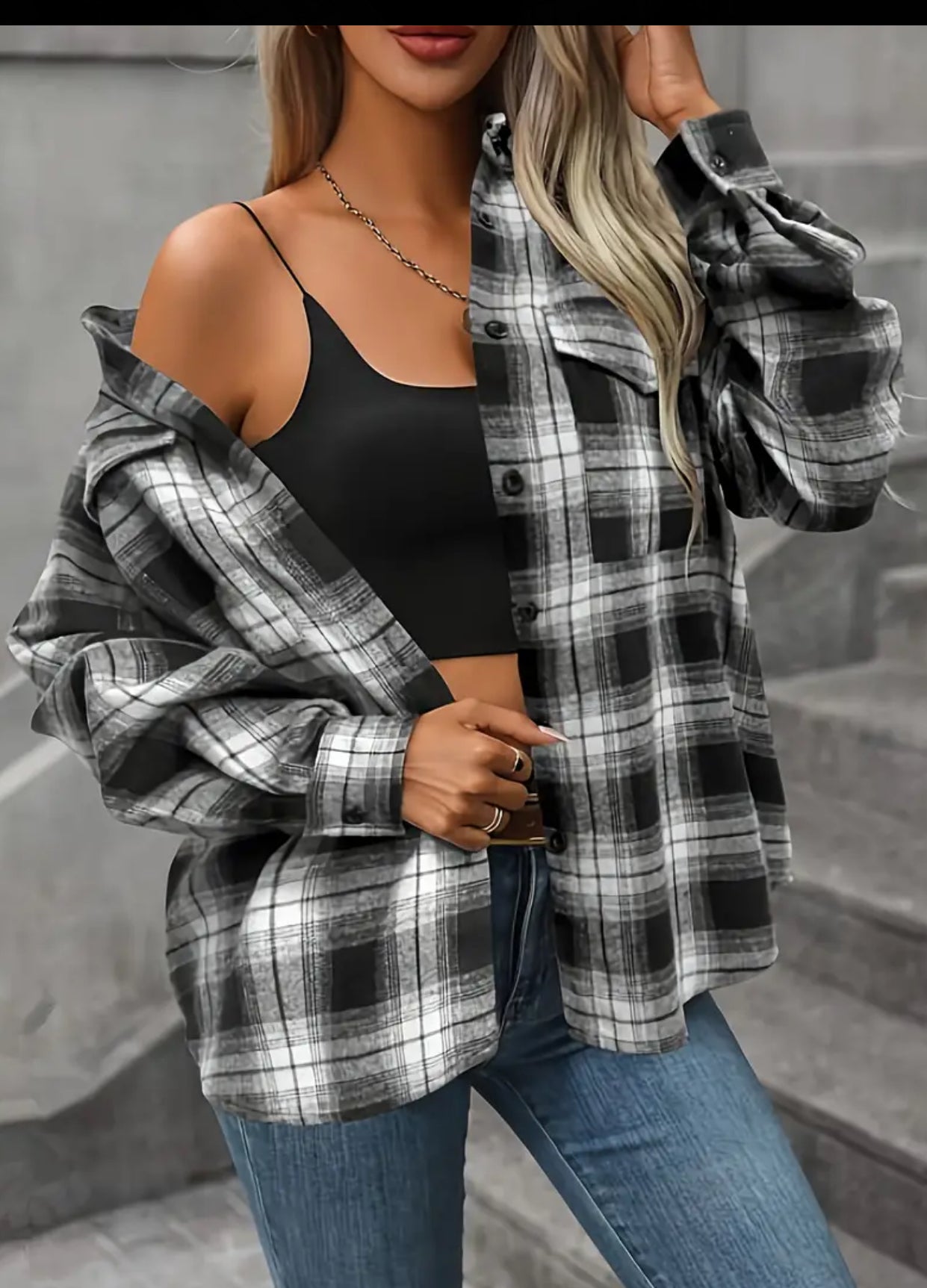 Women's Plaid Print Long Sleeve Polo Shirt - Casual Button-Up