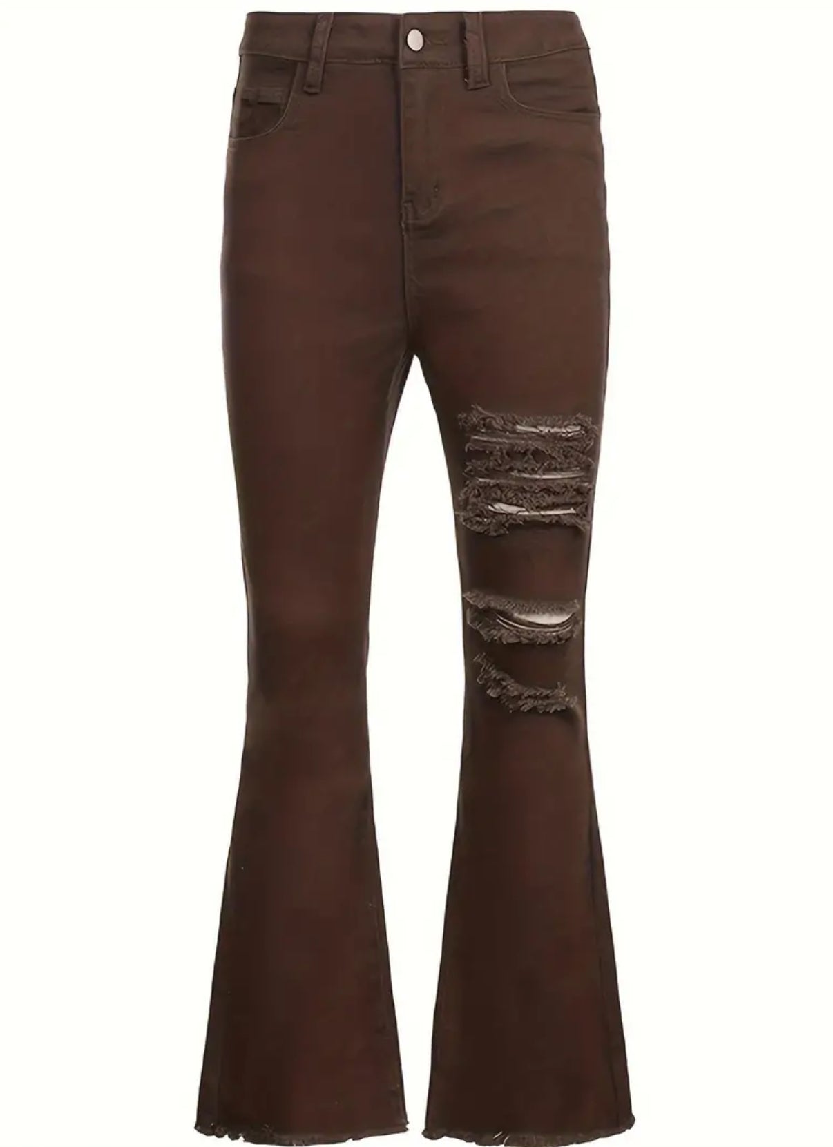 Brown Retro Distressed Details, Vintage Inspired, High-Waist Ripped Flare Jeans