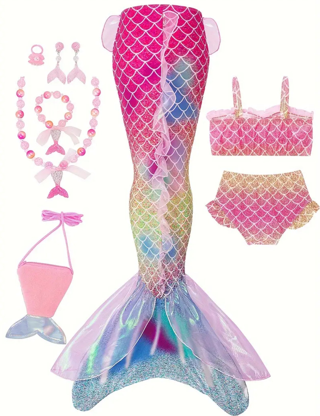 Conjunto de 8 piezas de disfraz de princesa sirena para niñas y accesorios