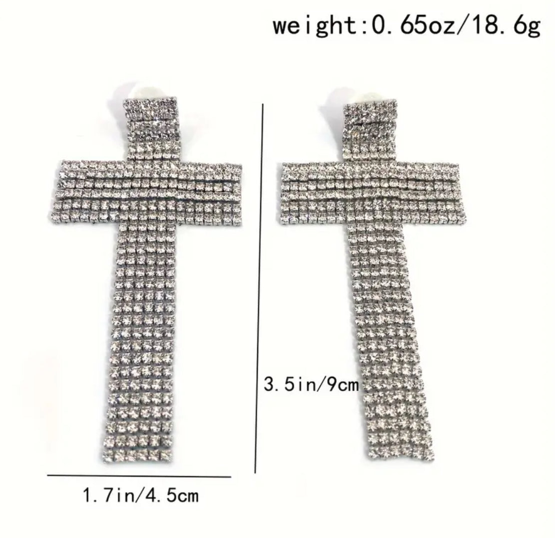 Glamorous Crystal Tassel Cross Dangle Earrings - Sparkling Rhinestone, Stainless Steel