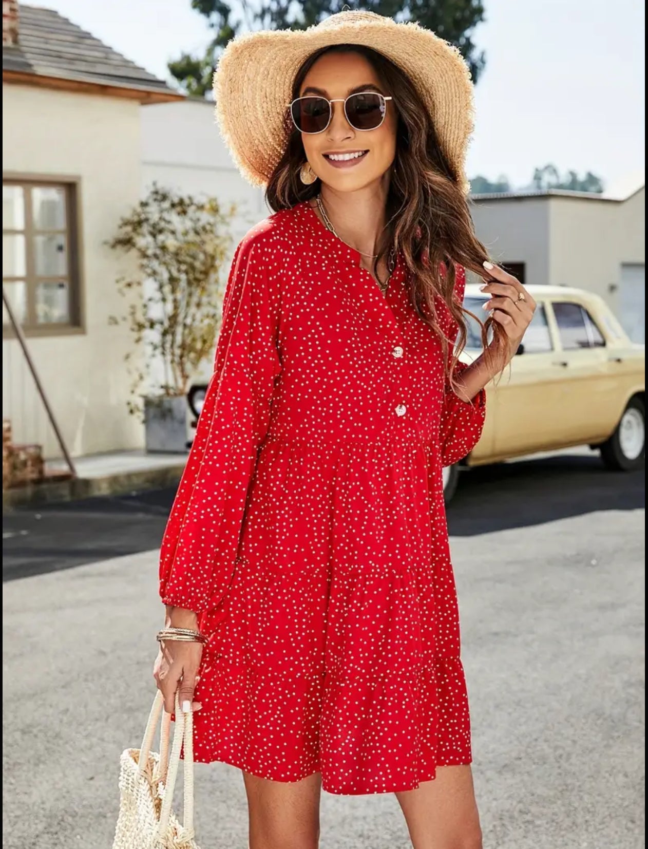 Polka Dot V Neck, Casual Button Front Ruffle Trim Lantern Sleeve Dress