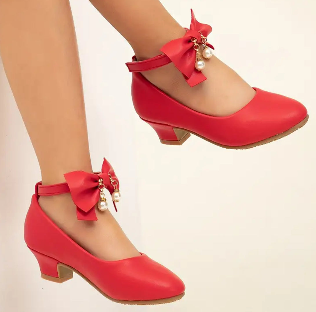 “Little Red Ridding-hood” Princess Shoes, Teens Bow Pearl Accent