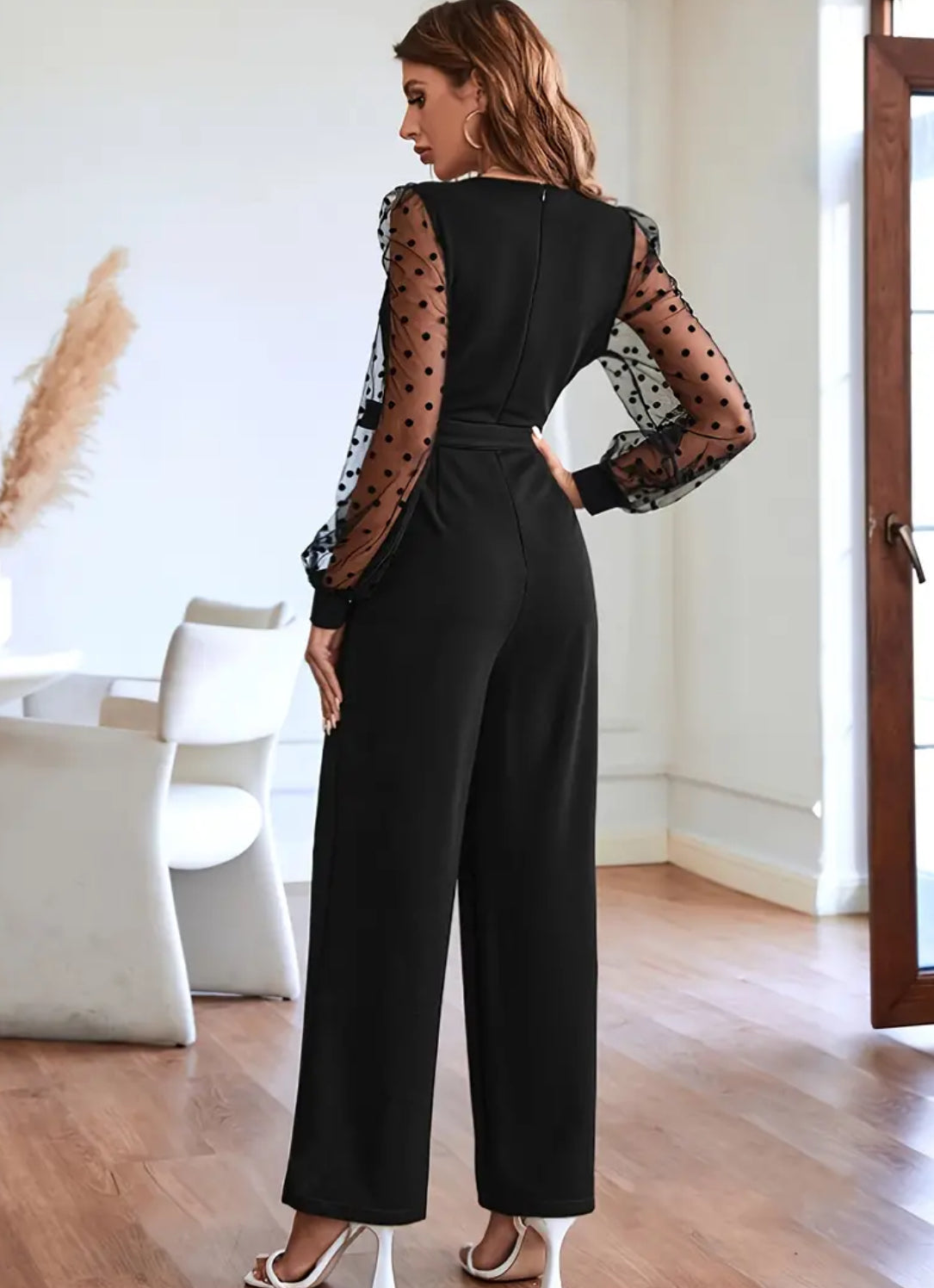 “Wine/ Noir Polka Dots” Elegant V Neck, Long Sleeve Jumpsuit for Women