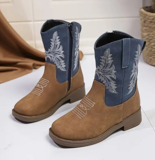 Mid Top, Zip-Up Cowboy Boots with Geometric Embroidery Stain & Water-Resistant with Insulated Microfiber Leather Upper