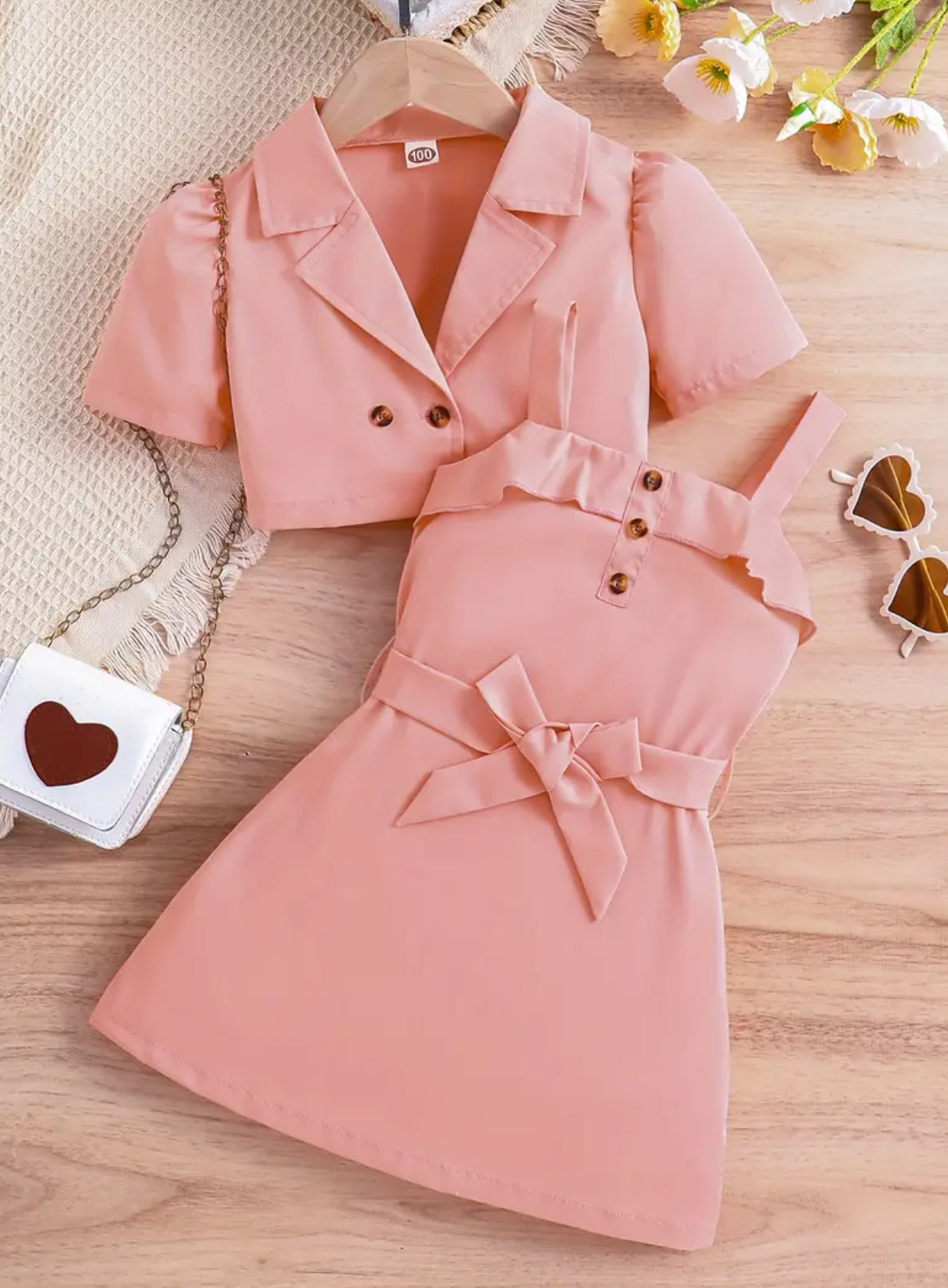 Conjunto de 2 piezas, blazer y vestido camisola con cinturón 🌸