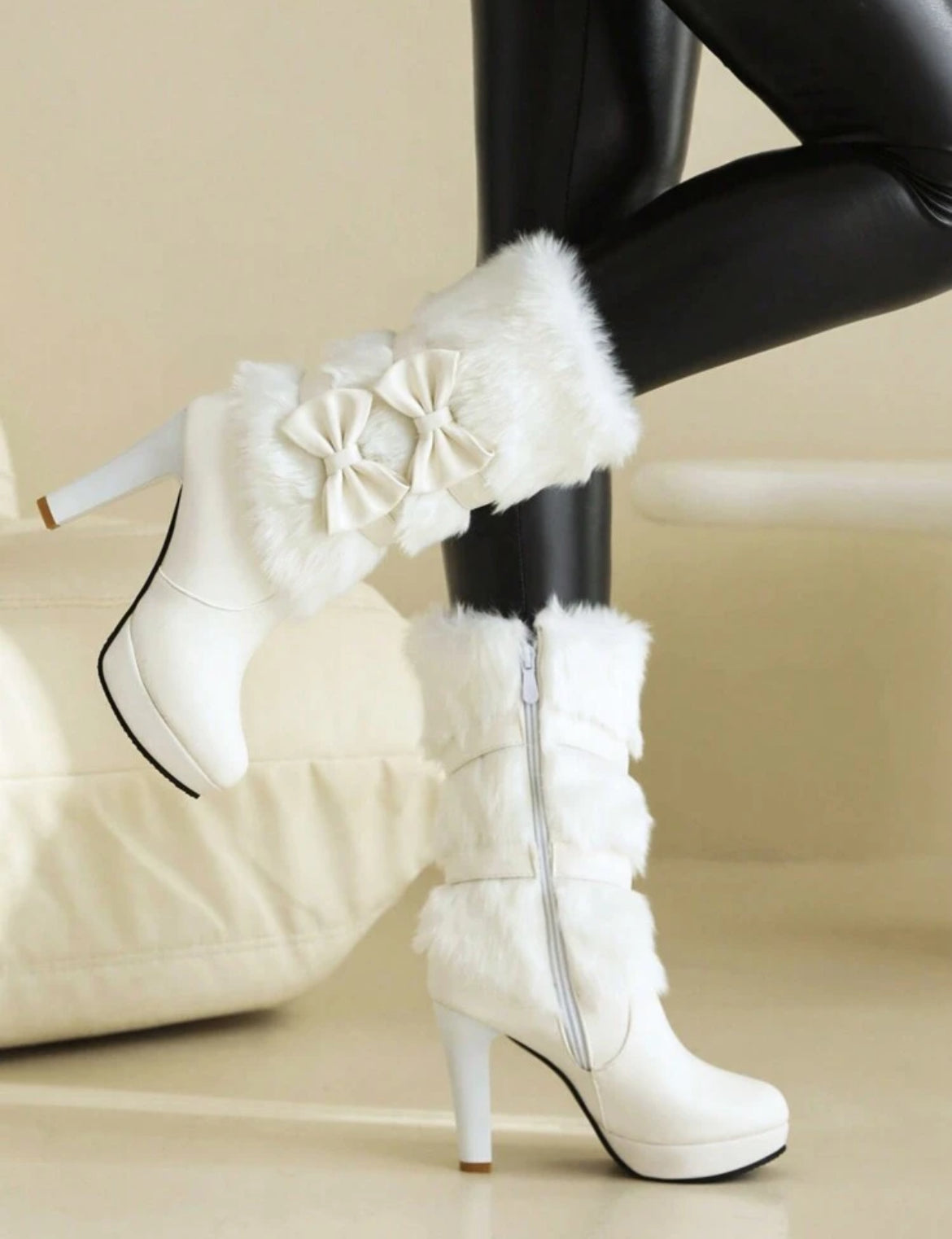 “Chic Bows” Side Zipper Elegant Boots, Mid-Calf, Pointed Toe, Slim Heels