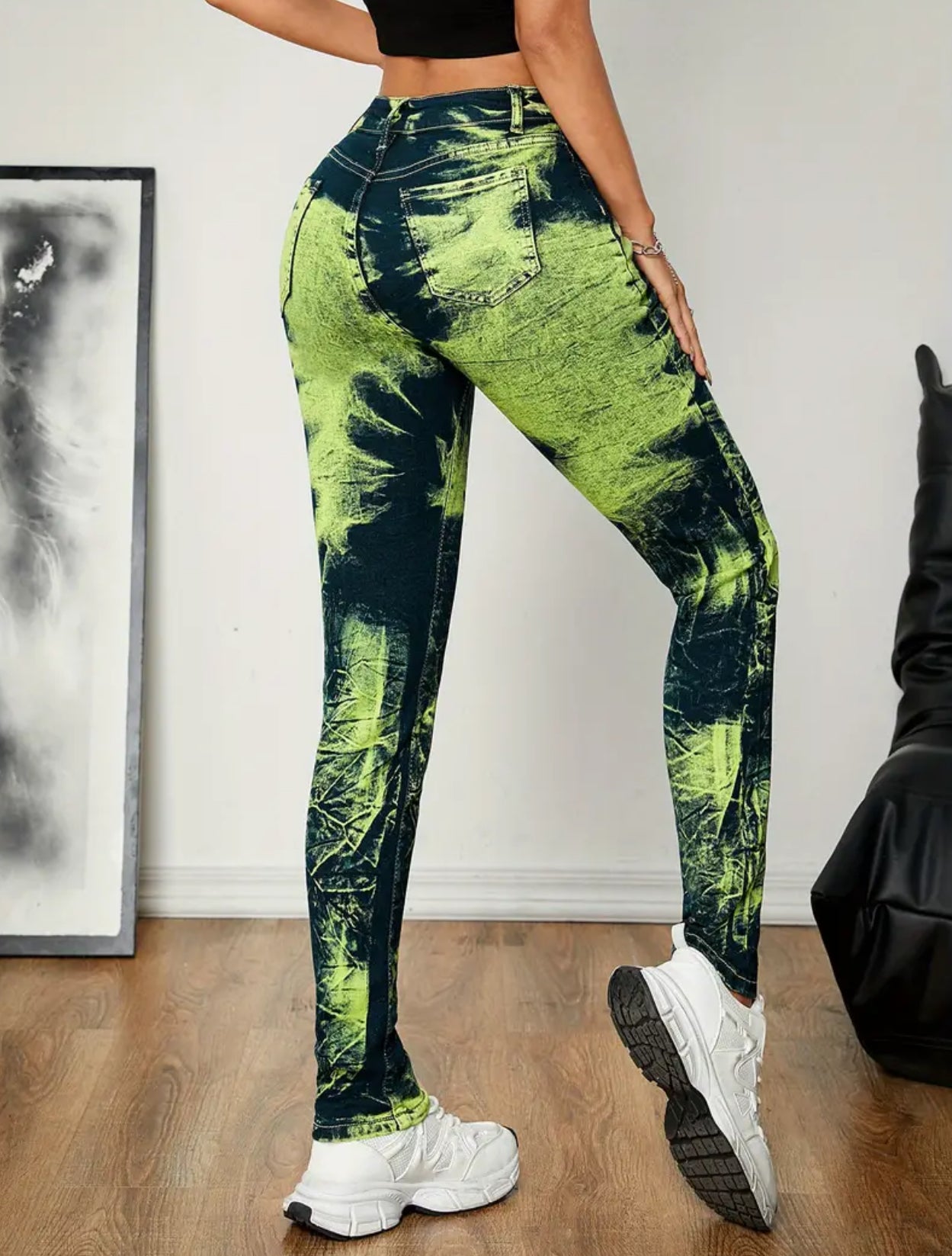 “Tie Dye Neon” High Waist Elastic Hip Lifting Versatile Denim Pants