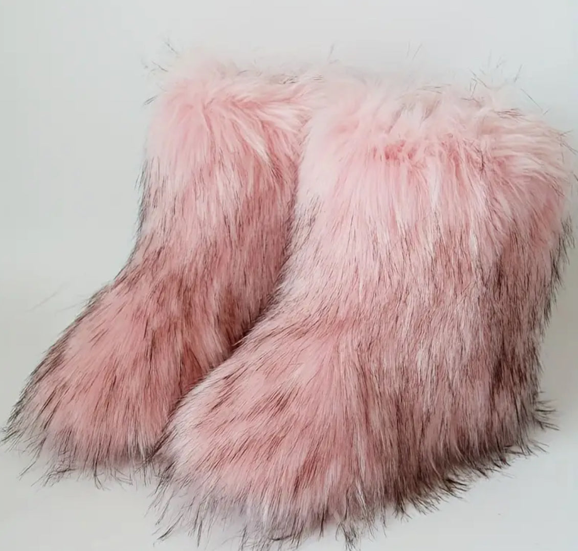 “Elegance Faux Fur Boots” Women’s, Mid-Calf, Slip-On, Comfortable Plush Lining, Durable Rubber Sole