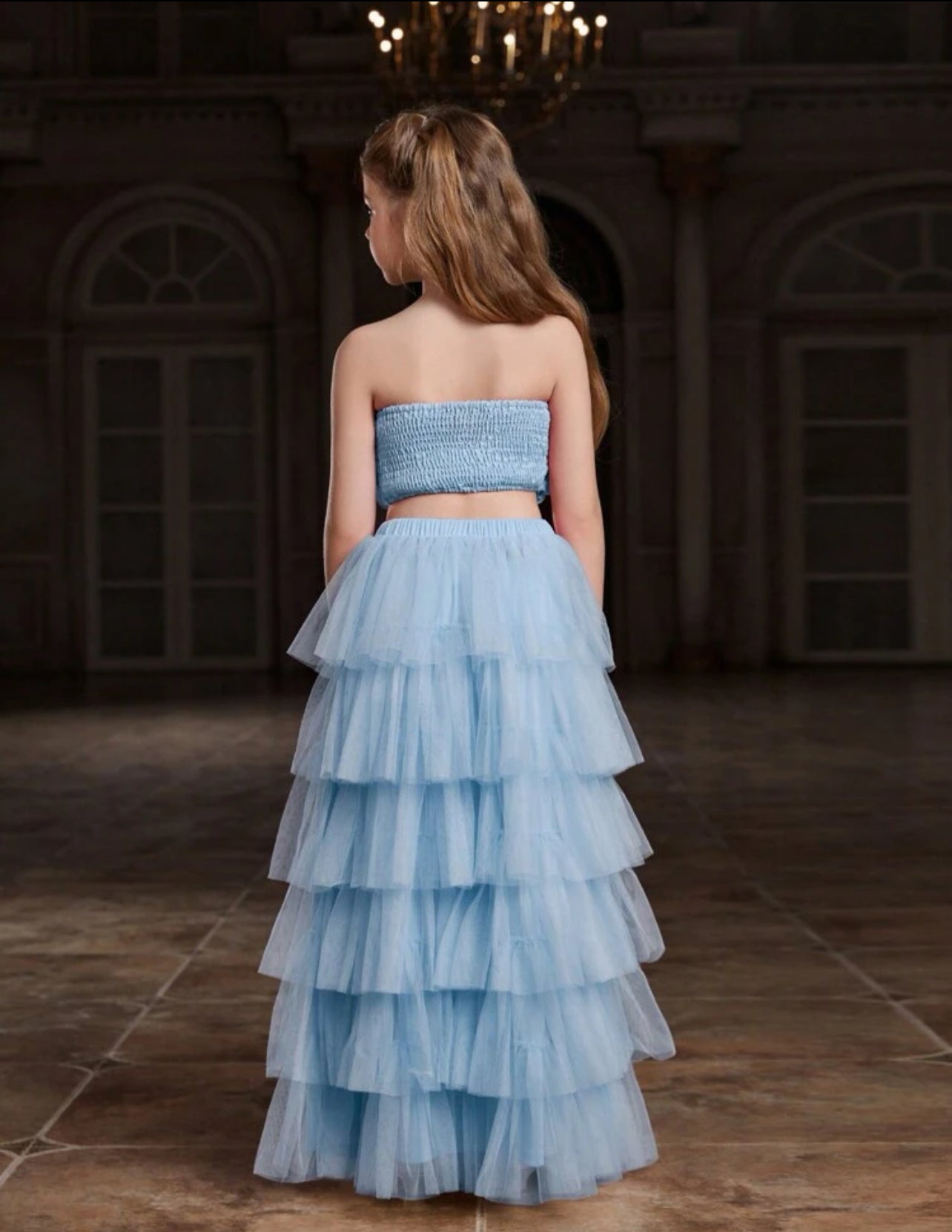 Tween Girl Sequined Strapless Top And Layered Tulle Skirt Party Set