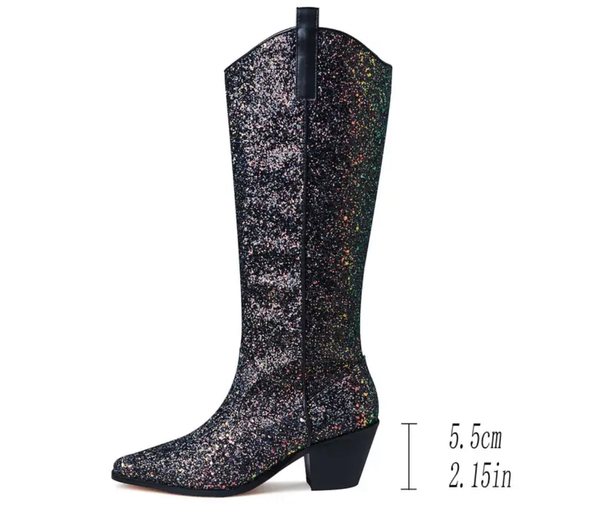 Cowboy Boots For Women, Pointed Toe Western Cowgirl Boots, Chunky High Heel Glitter Boots For Prom, Sparkly Knee High Boots