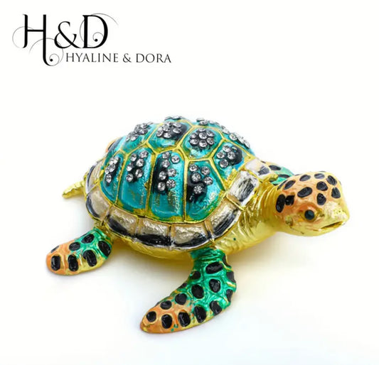 Joyero con bisagras pintado a mano H&amp;D HYALINE &amp; DORA, estuche para joyas con forma de tortuga esmaltada y con joyas de 3"