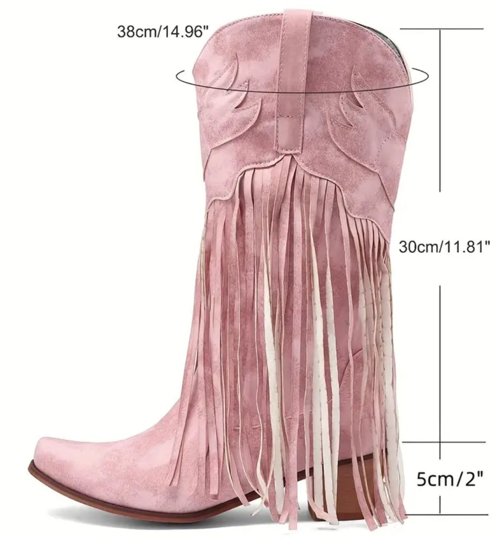 Women Fringe Tassel Cowgirl Boots Stacked Heel Retro Boots | Mid Calf Embroidered