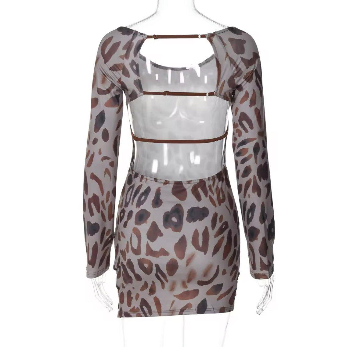 “Leopard Goddess” Off Shoulder, Backless, Long Sleeve Mini Dress