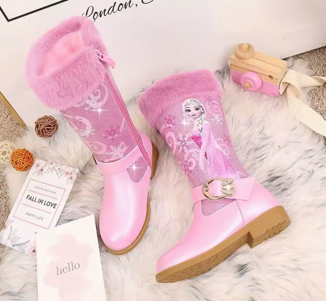 “ELSA” Tall Plush Low Heel Leather Side Zipper Boots