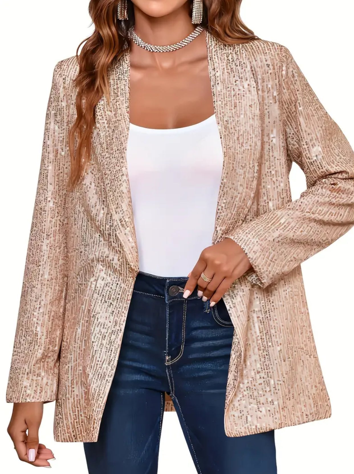 “Sequined Lapel” Neck Blazer, Vintage Long Sleeve Open Front