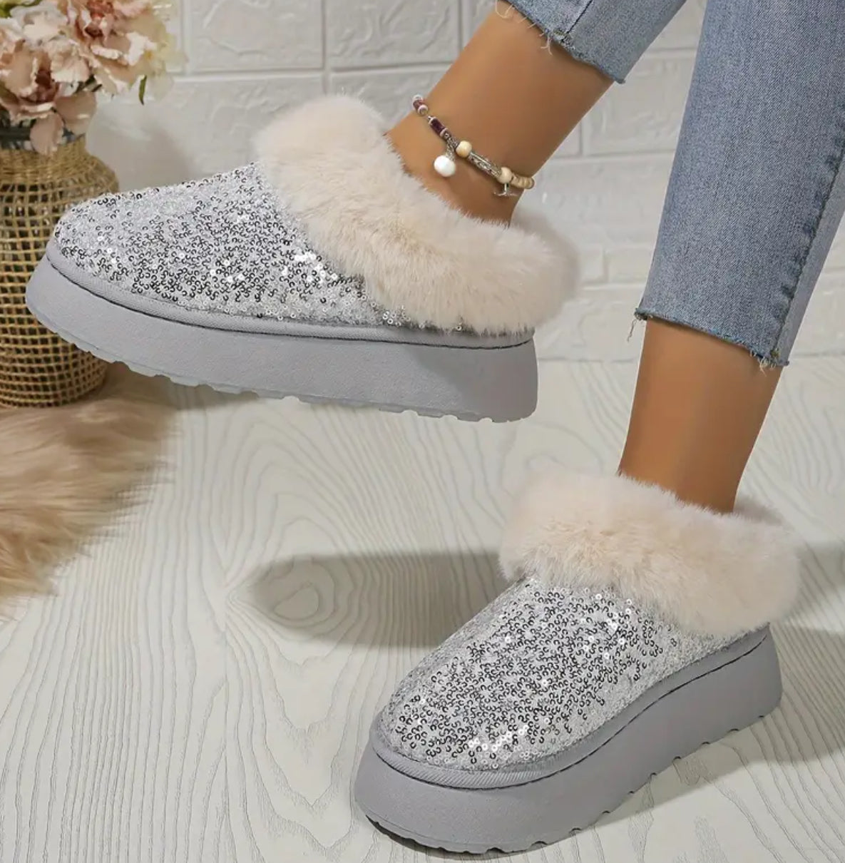 Women's Sequin Fur Lined Winter Warm Slip-On, In Door-Outdoor Slippers