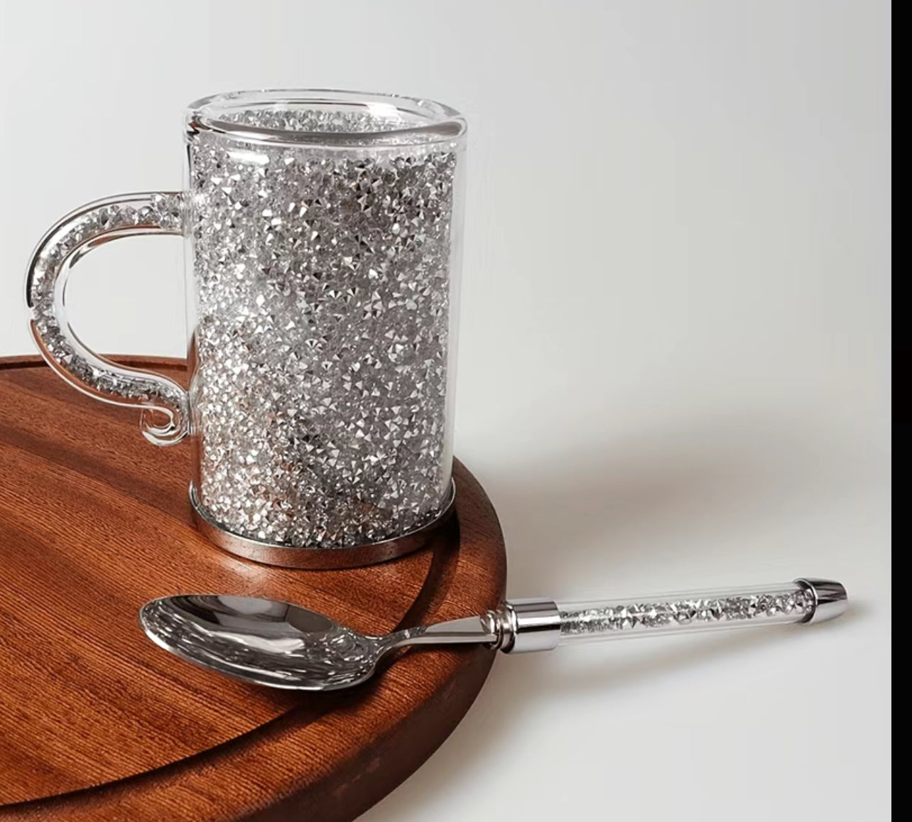 Glittering Crystal Rhinestone Glass Coffee Mug And Spoon Set, Glass Coffee Cup, 150ml/5.07oz