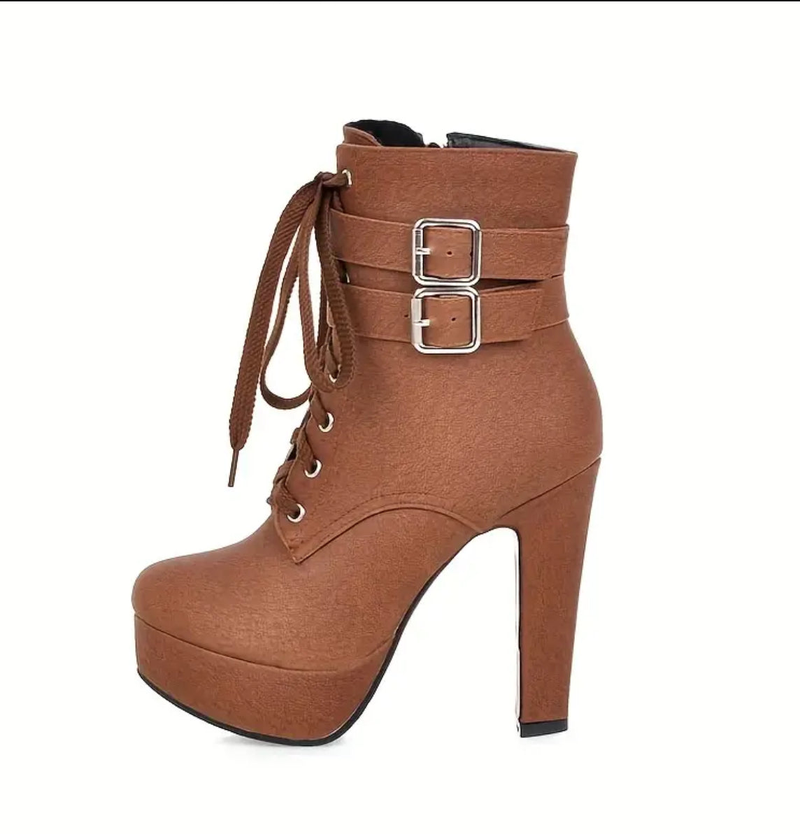 Stiletto Heel Boots with Stable Block Base - Secure Buckle Ankle Strap - Lace Up