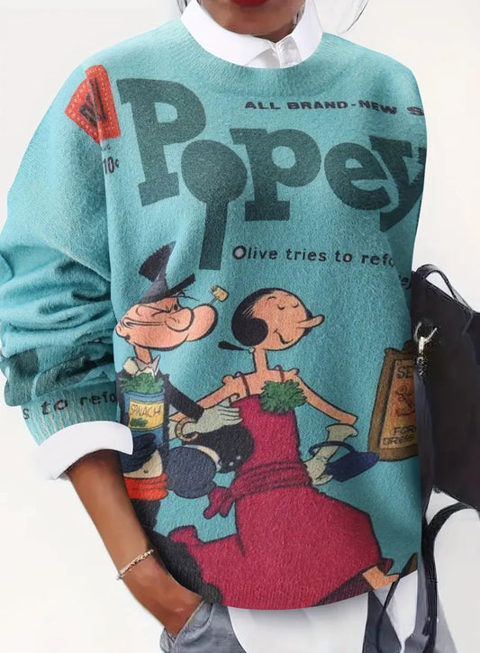 “Popeye” Mink Fleece Knit Sweater - ECrew Neck Long Sleeve Pullover for Women