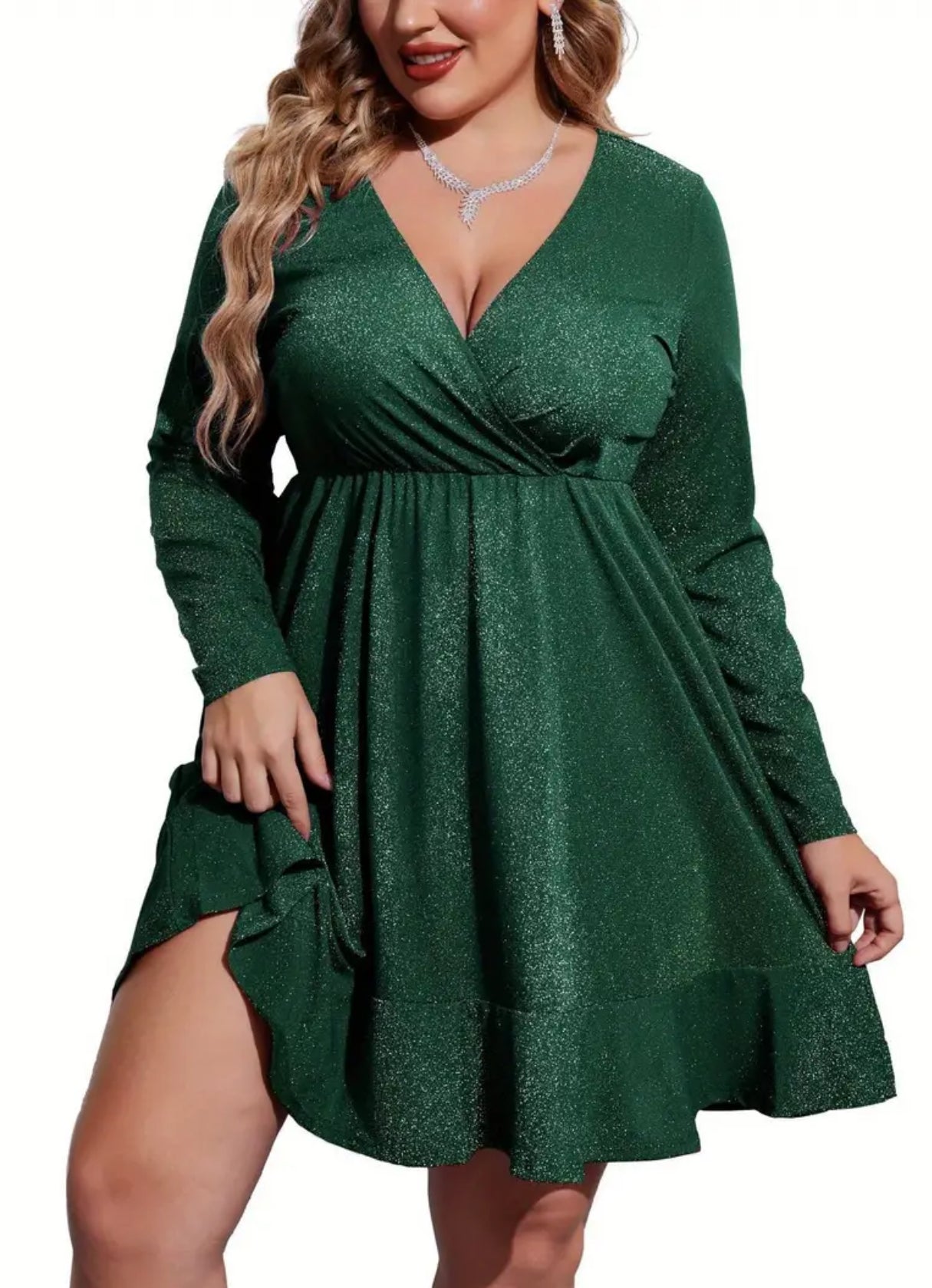 ELESOL  Plus Size Womens Glitter Dress V Neck Long Sleeve Ruffle Hem Swing Club Cocktail Party Dresses