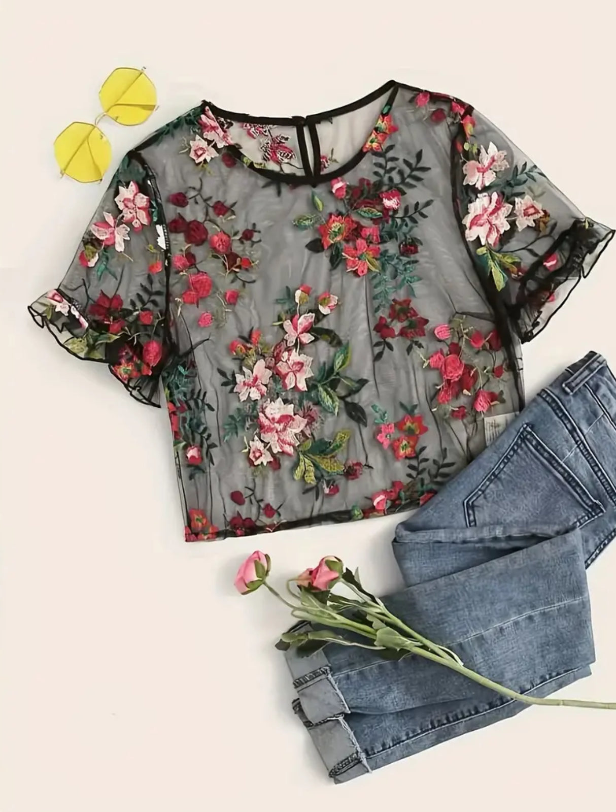 Floral Embroidery Crew Neck T-Shirt, Elegant Short Sleeve Slim Crop