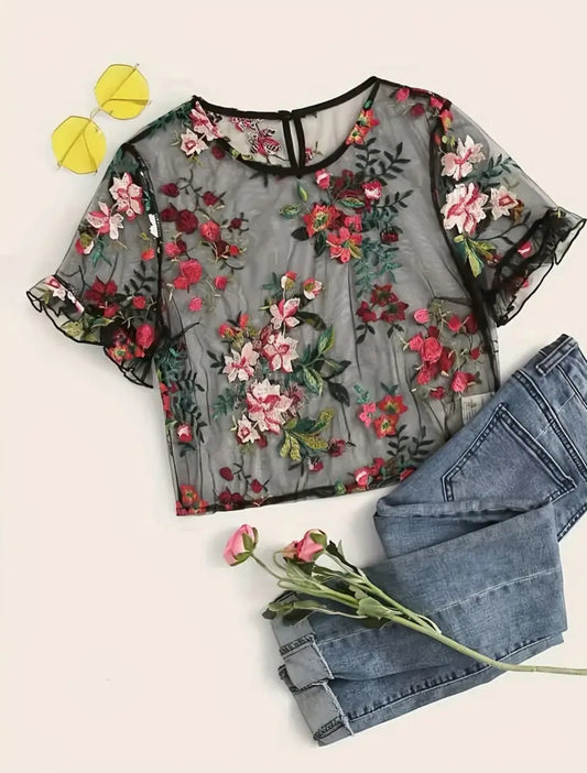 Camiseta de cuello redondo con bordado floral, elegante camiseta de manga corta ajustada