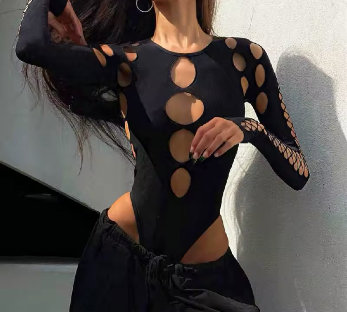 Hollow Out Bodysuit, Long Sleeves, Women’s Streetwear