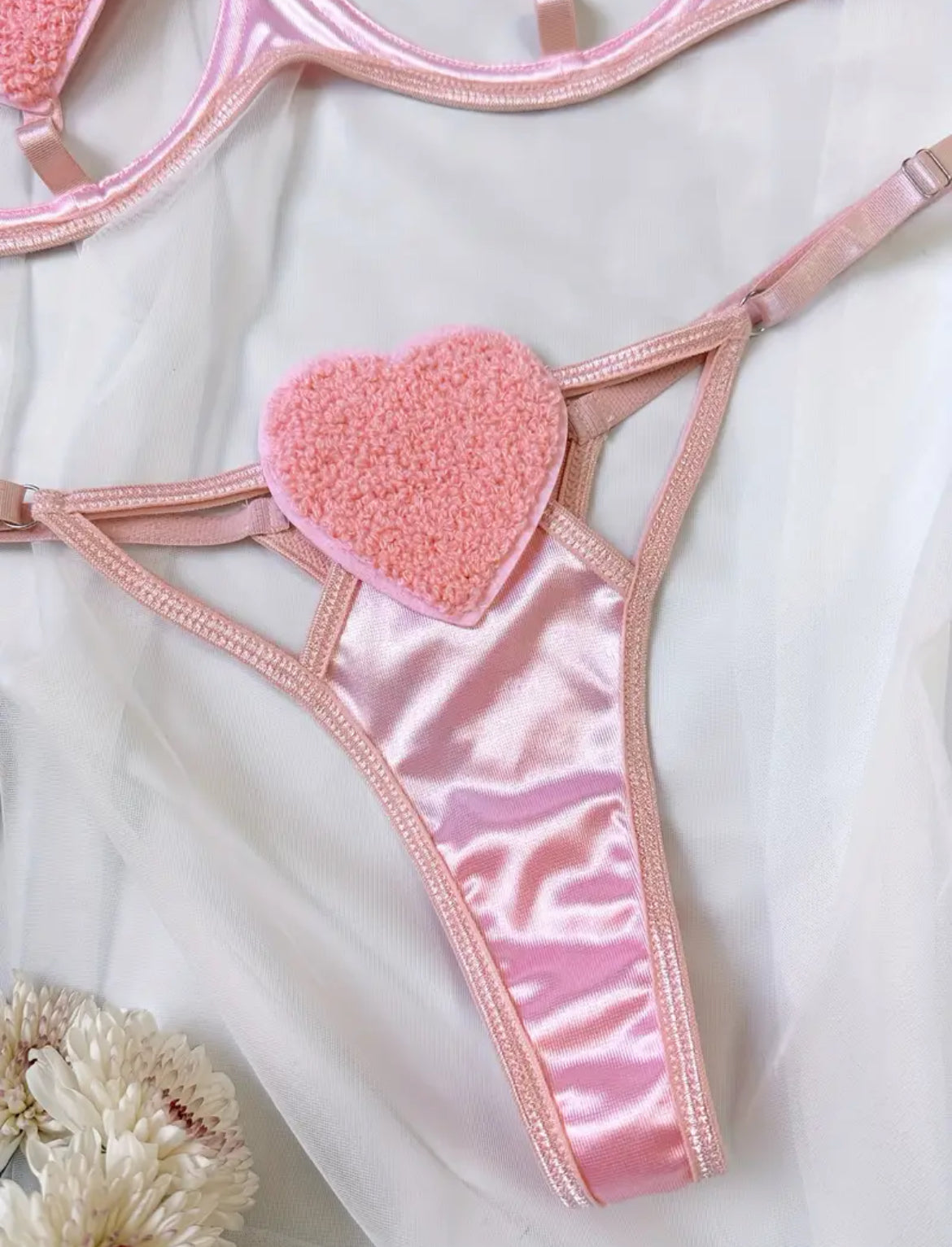Skimpy Heart Pattern Lingerie Set, Cut Out Plunge Bra & Sheer Thong,  Women's Sexy Lingerie & Underwear