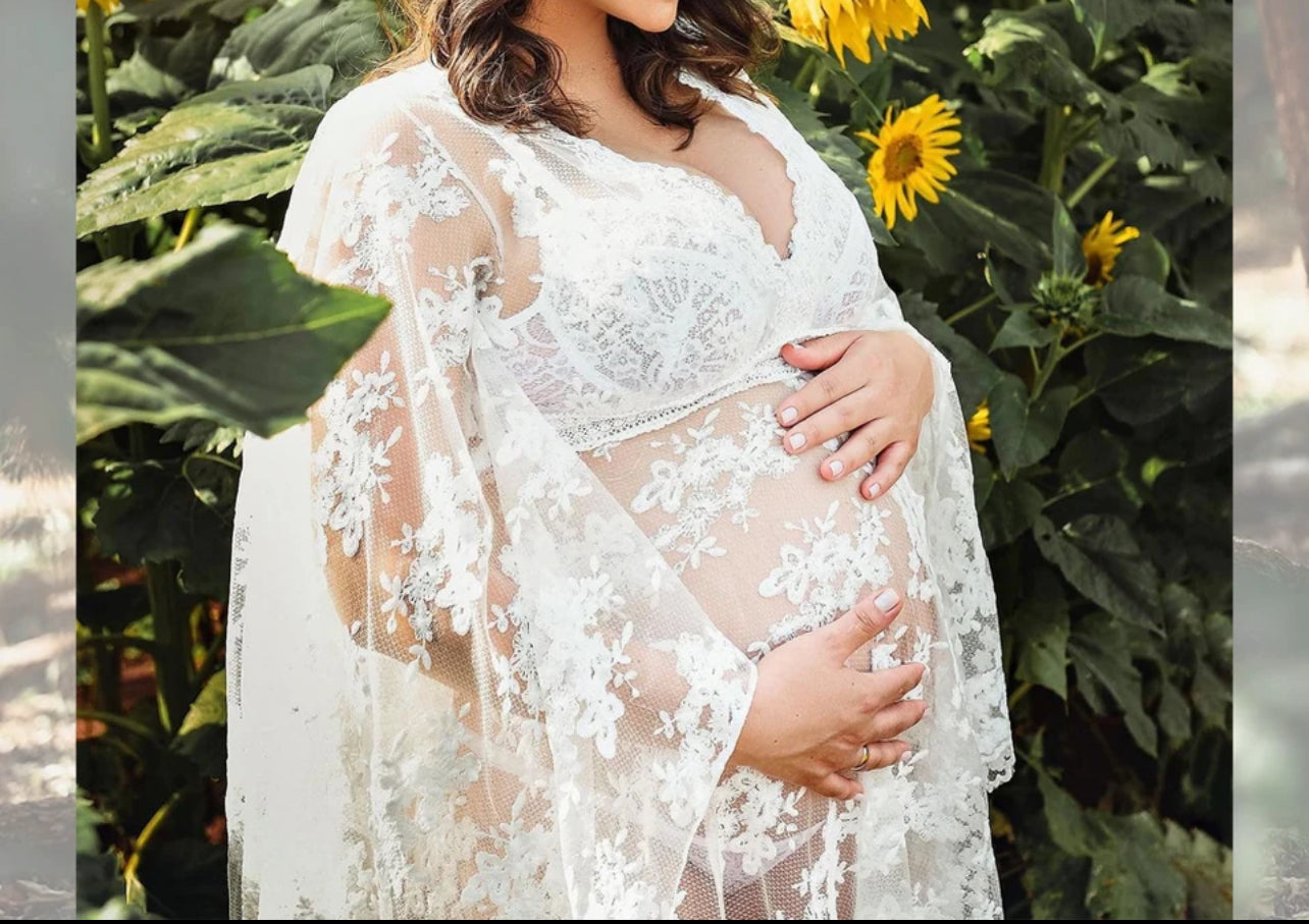 Vestido bohemio de encaje blanco roto para sesión de fotos de maternidad