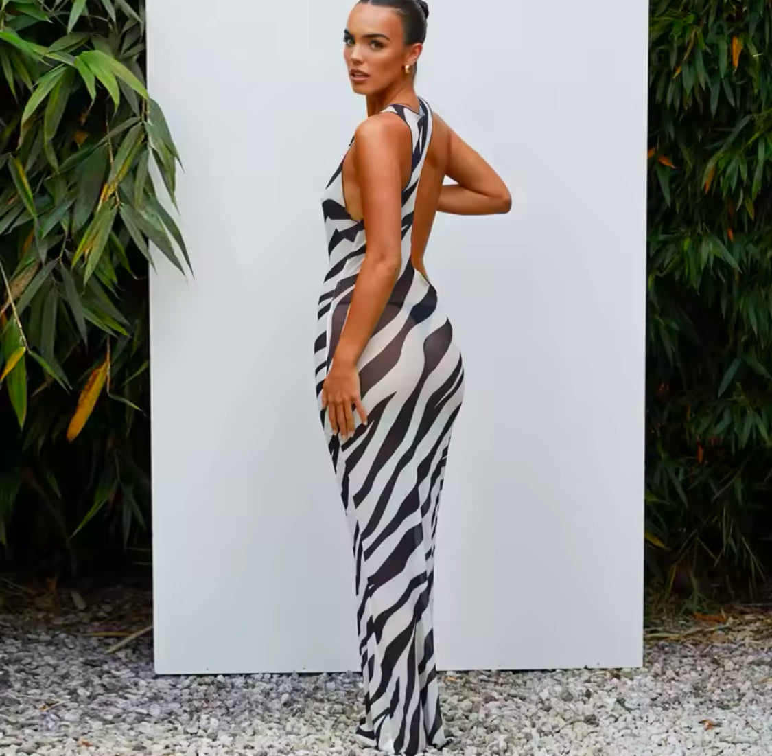 Women Beach or Festival Outfit, Mesh Sleeveless Striped Print Matching Color Hollow Out Sexy Maxi Dress