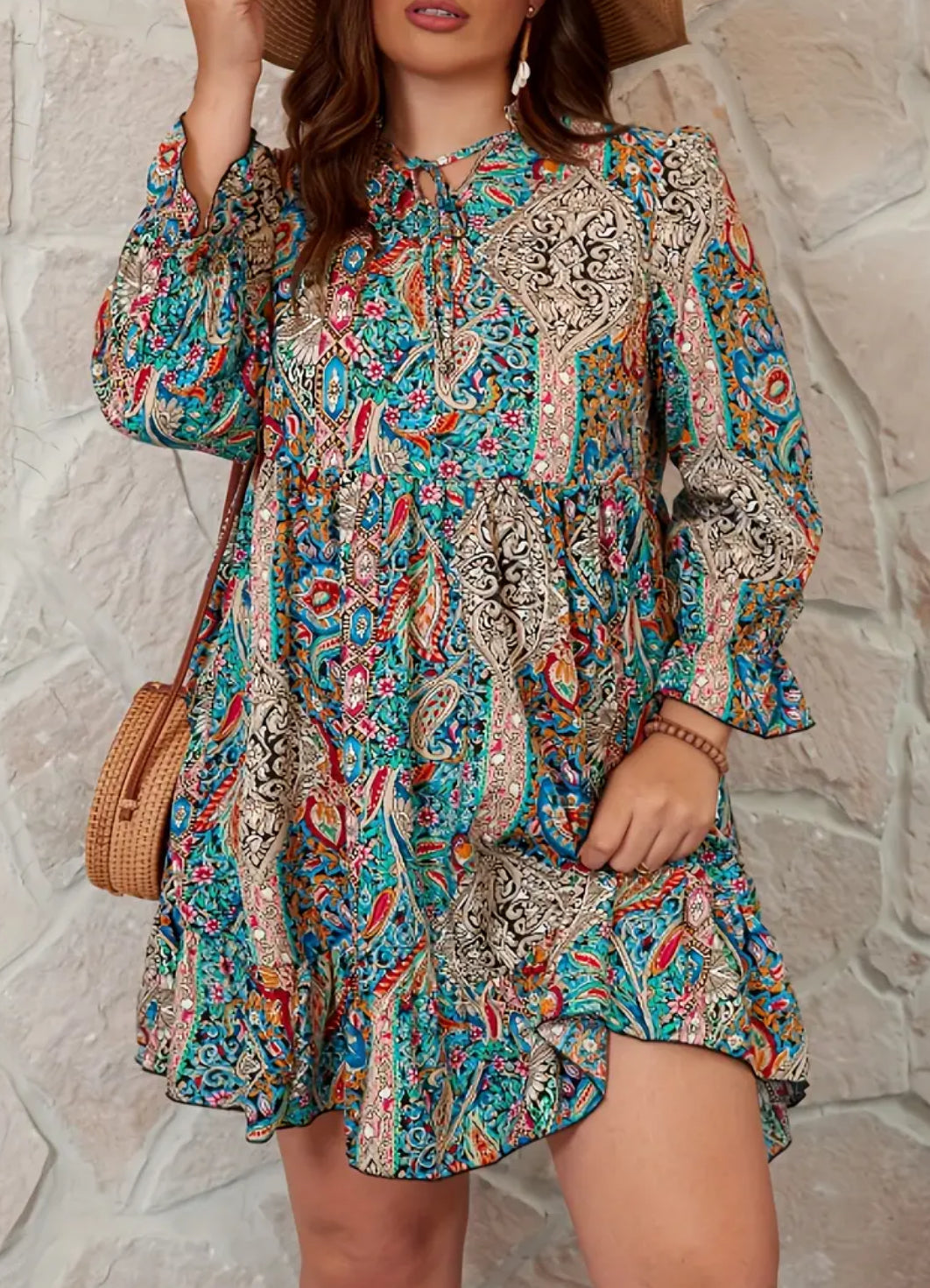 Vestido con estampado de cachemira bohemio, mangas con volantes, cuello anudado y dobladillo con volantes, ligeramente elástico, para mujer, talla grande