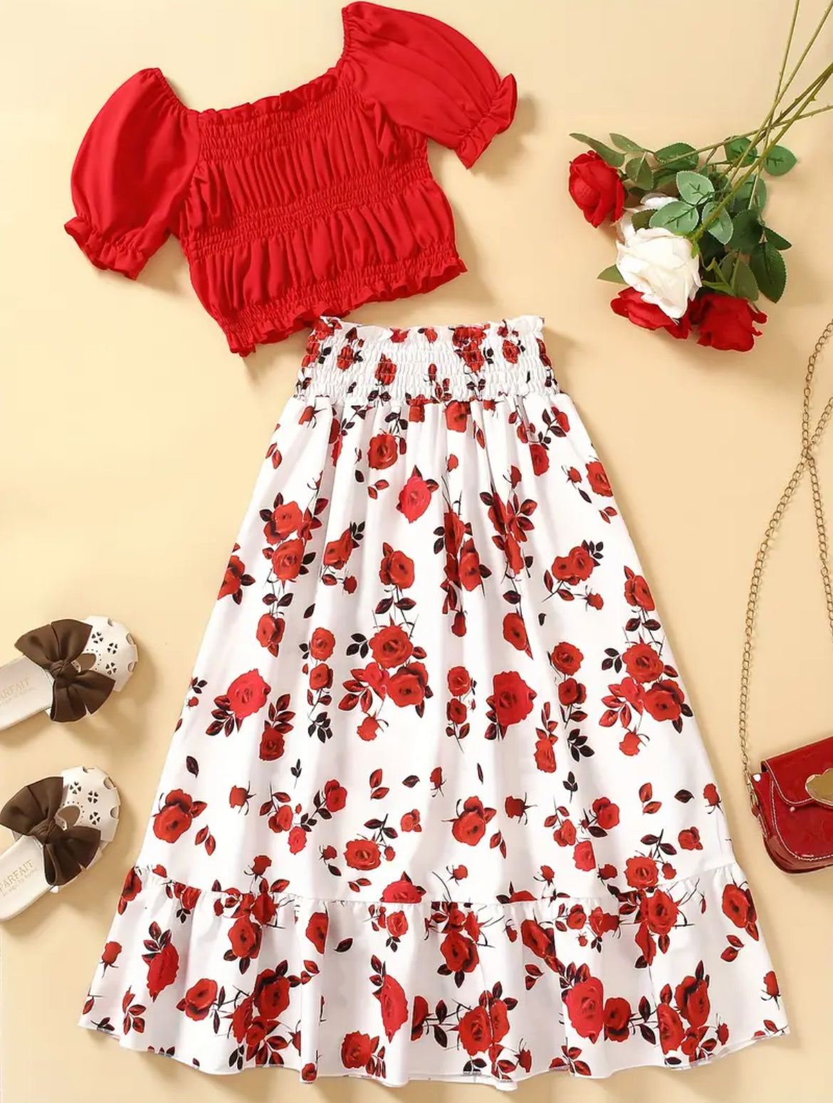 2pcs Elegant Girls Solid Puff Short Sleeve Top + Floral Skirt