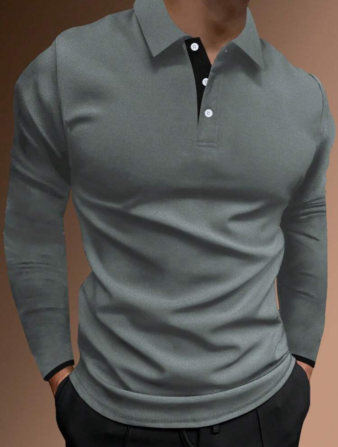 Men Contrast Trim | Long Sleeve Half Button Collar Casual Polo Shirt