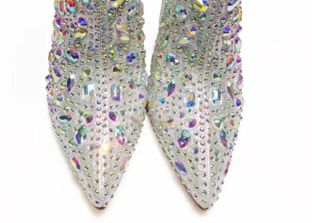 “Silvery Sparkling Rhinestone” Embellished Bootie - Mid High Heel, AB Rhinestones, Luxurious Design, Elegant Style