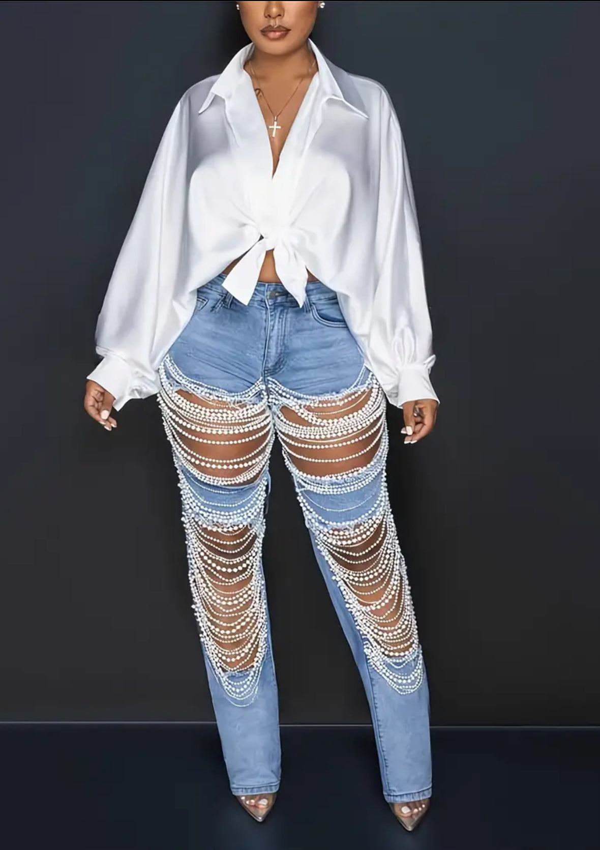 Pearl Chain, Boyfriend Denim Jeans, Straight Leg, Mid-Rise, Distressed Ripped