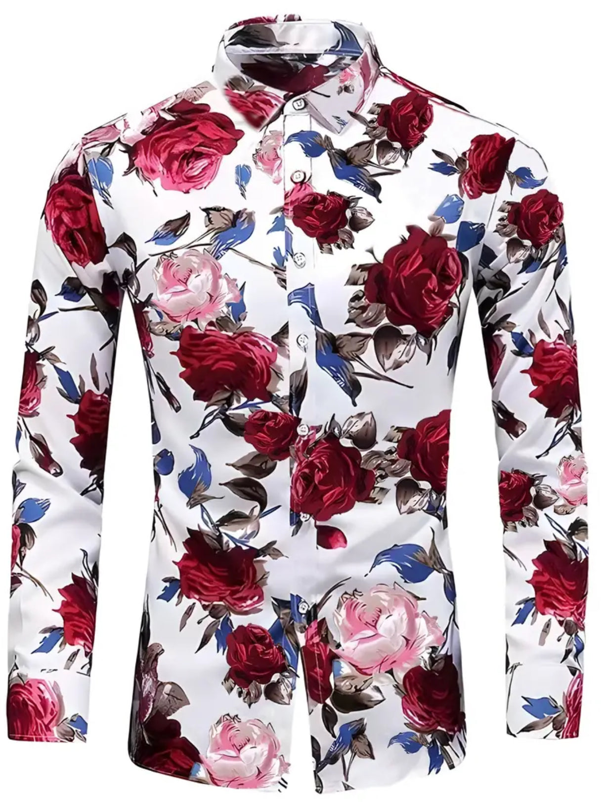 Rose Print Men's Casual Button Up Long Sleeve Shirt