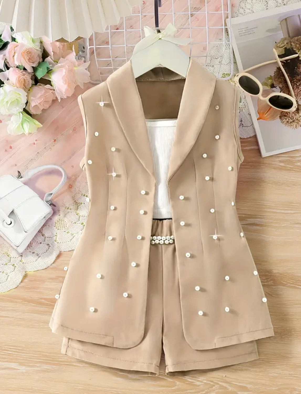 Girls ‘MISS HOLLYWOOD’ 3pcs Set - Shorts, White Blouse + Sleeveless Suit Vest