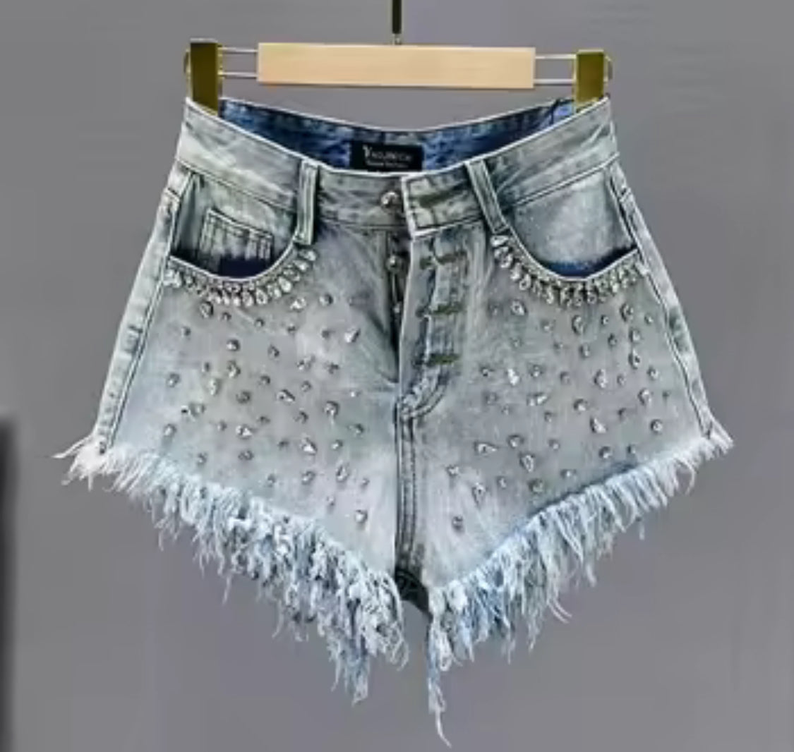 Ripped Wide Leg Rhinestone Denim Shorts | 3 Style Options