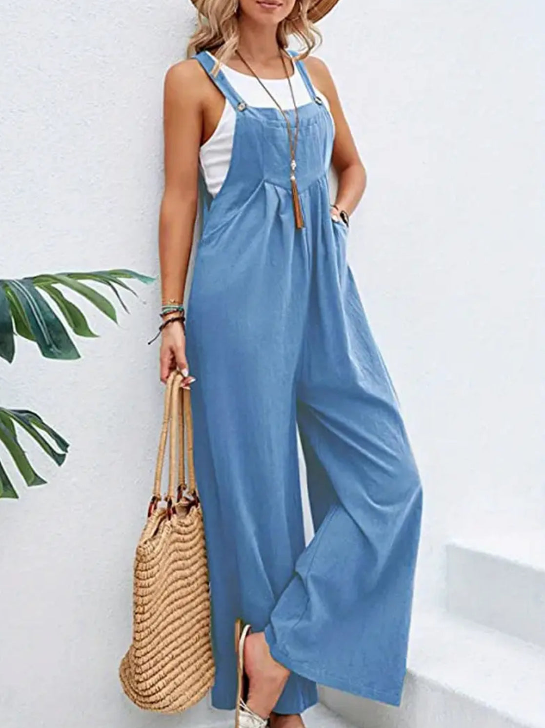 Casual Mid Waist + Pockets, Sexy Backless Full Length, Loose Wide Leg, Jumpsuit