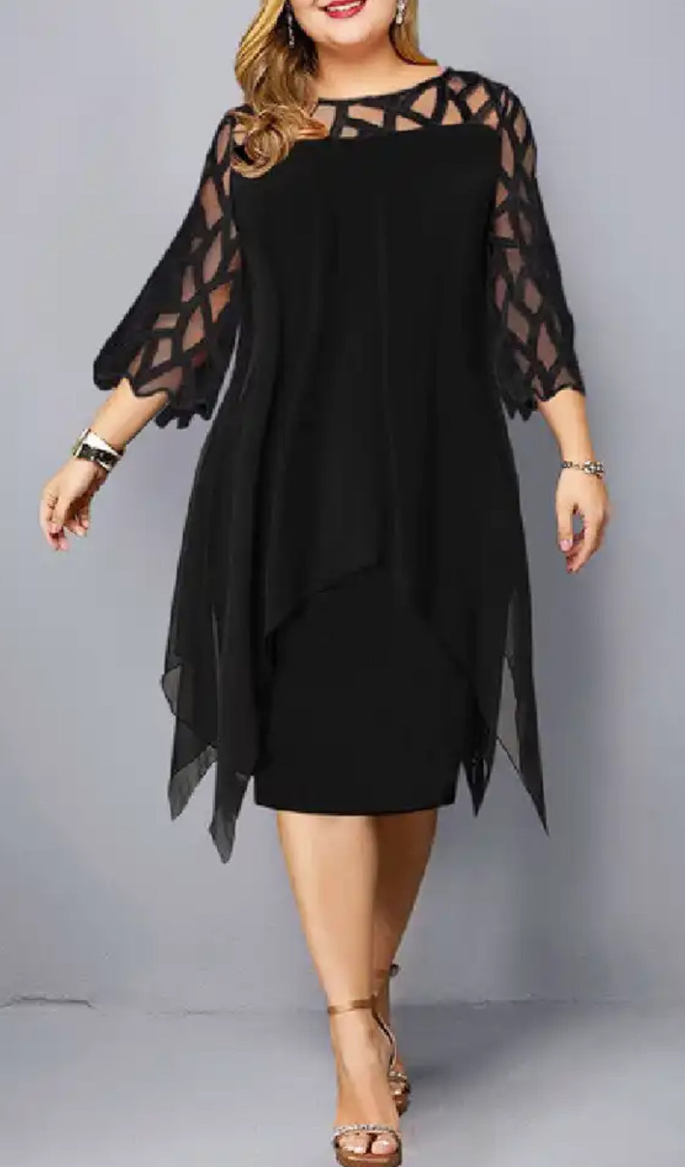 Elegant Mini Dress, O Neck, Lace Sleeve, Up to 6XL