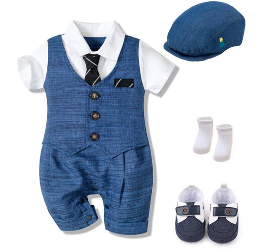 Baby Romper Boys Formal Hat + Jumpsuit + Shoes + Socks, 4 Pieces Outfit