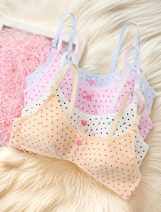 Girls Heart-Print Training Bras | Adjustable Straps and a Small Bow Detail