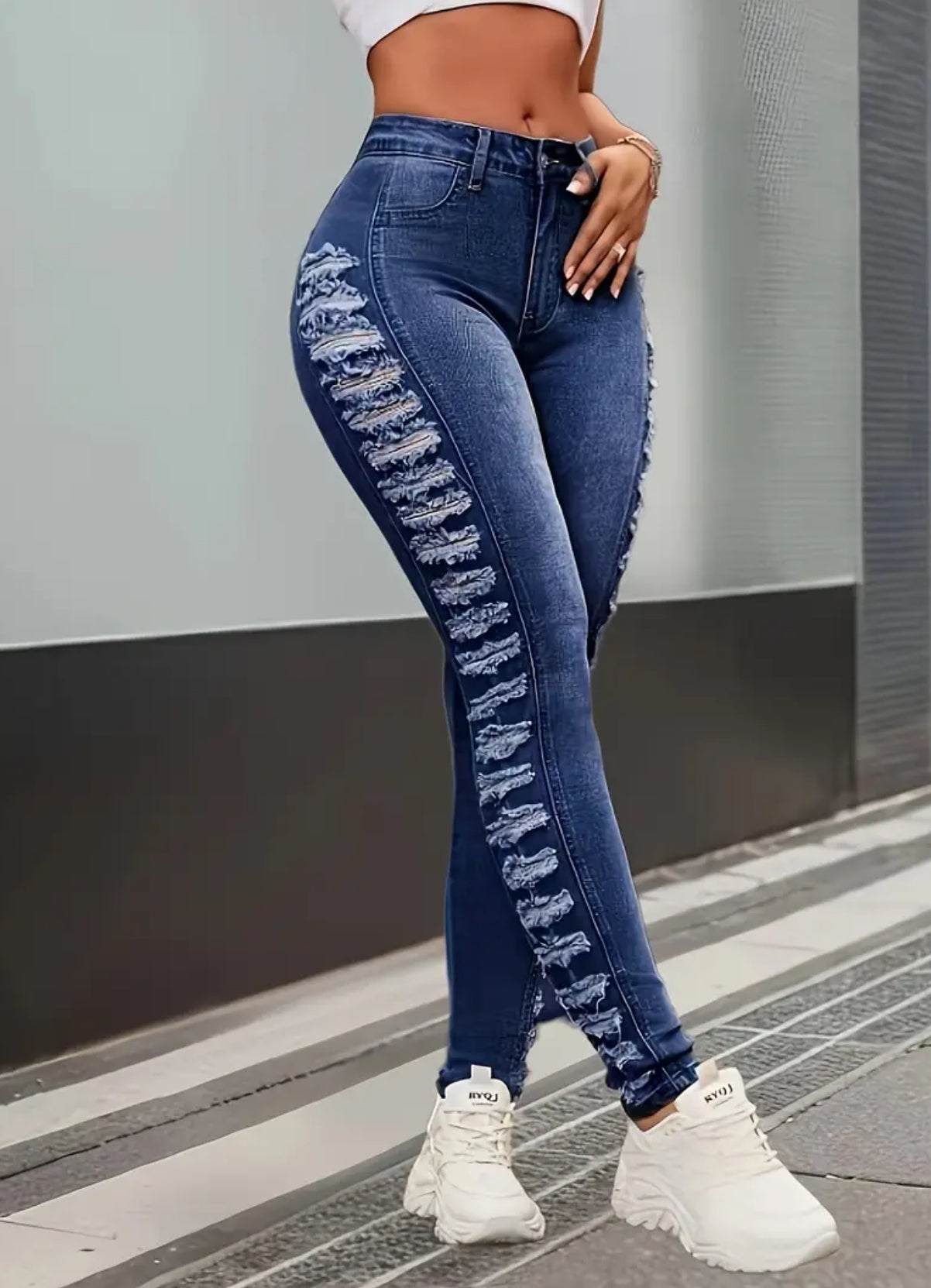 Slimming High-Waist Skinny Jeans, Stretch, Distressed Casual Style