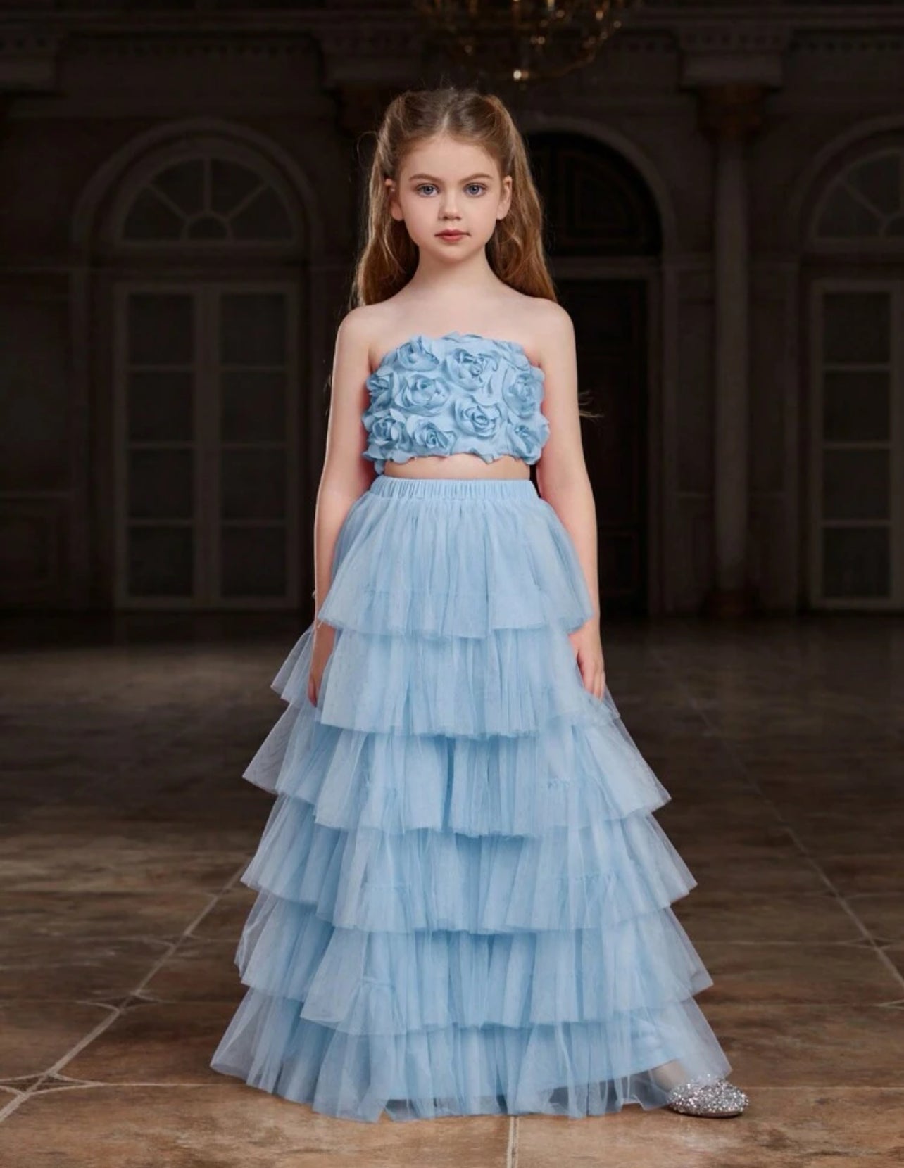 Tween Girl Sequined Strapless Top And Layered Tulle Skirt Party Set