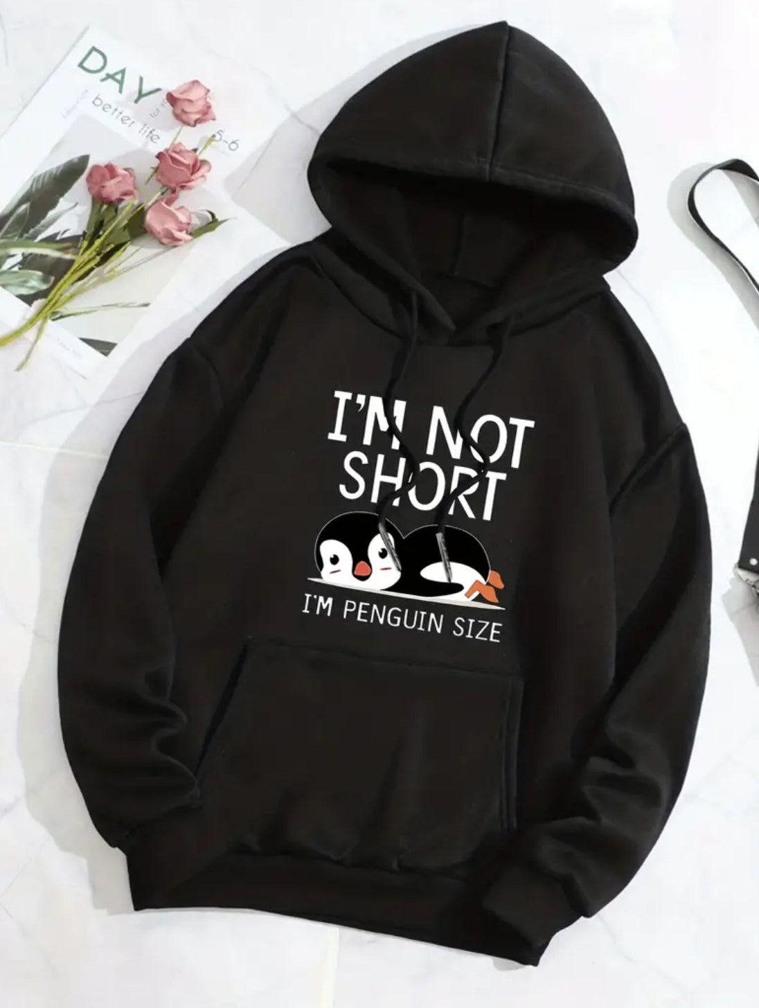 “I’m Not Short” Penguin, Casual Comfy Kangaroo Pocket & Long Sleeves Hoodie Sweatshirt, Women’s S-2XL